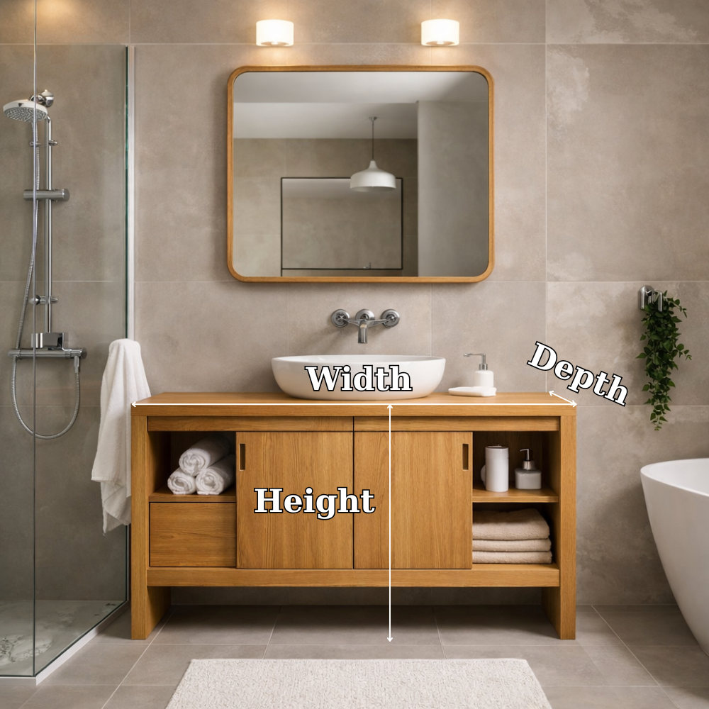 Solid Wood Bathroom Vanity Cabinet with Sliding Doors & Open Shelf Storage