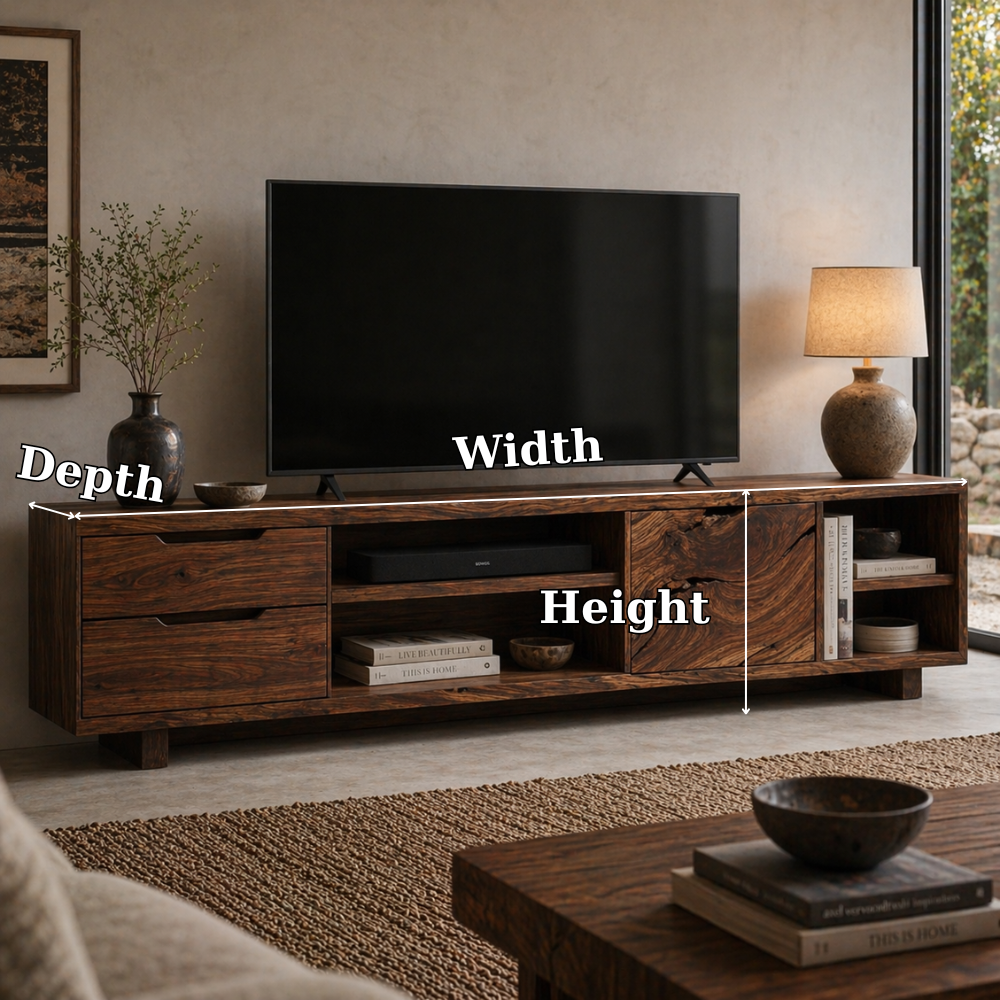 Solid Wood Media Console with Live Edge Door, Modern Rustic TV Stand with Storage