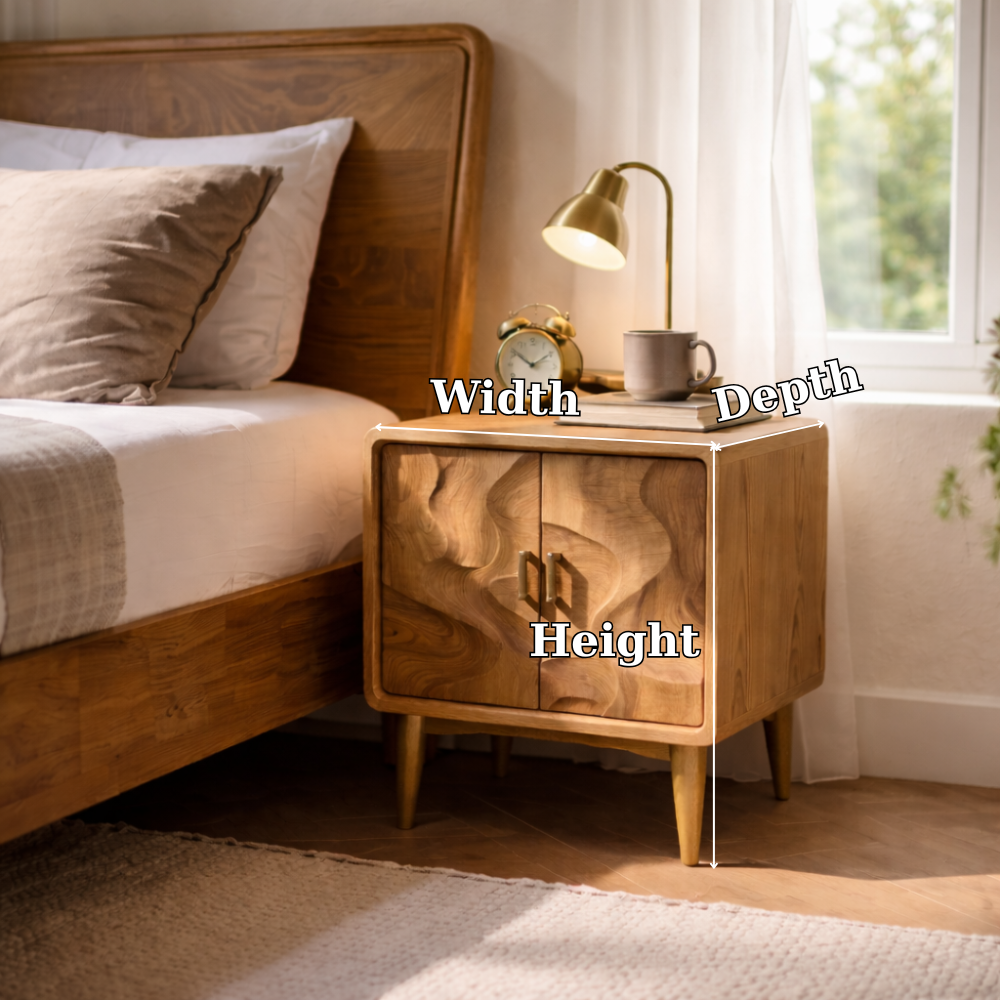 Solid Wood Nightstand with Cabinet Doors – Mid Century Modern Bedside Table
