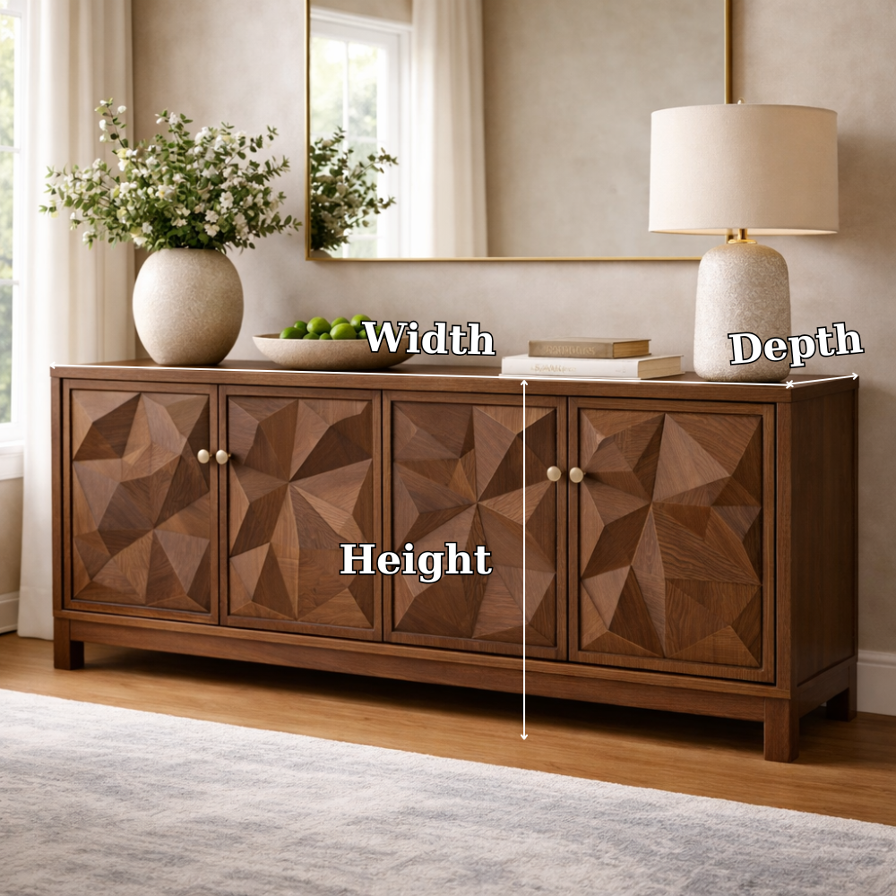 Solid Wood Console Cabinet with Geometric Carved Doors