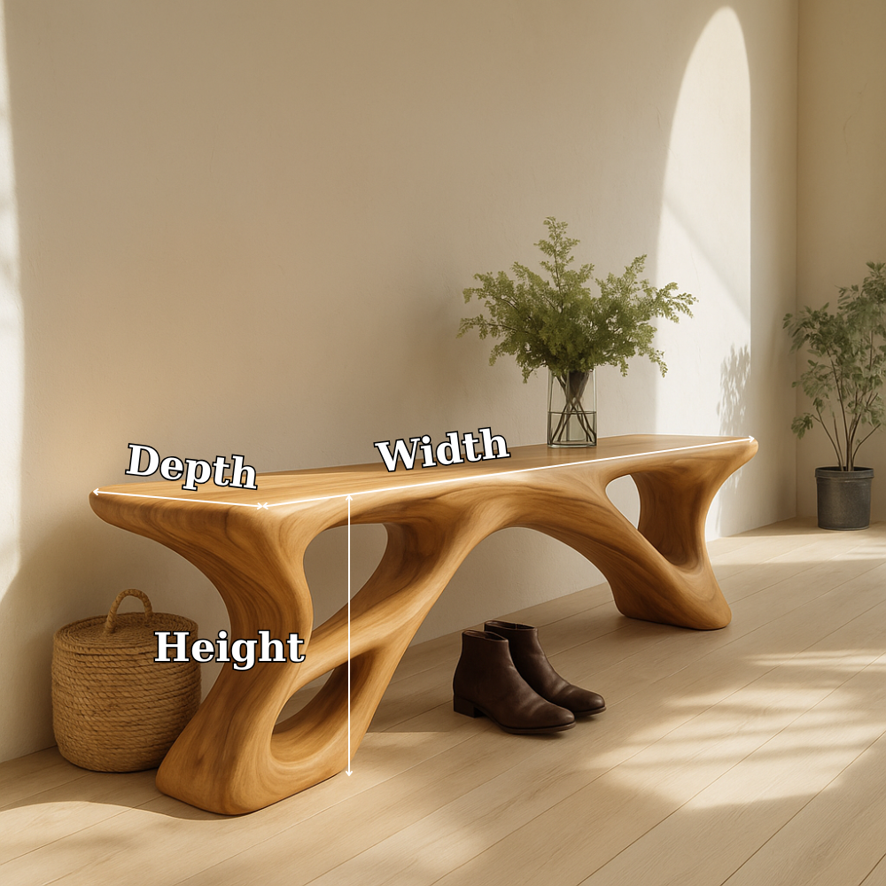 Handcrafted Solid Wood Bench – Sculptural Organic Flow Design with Modern Natural Aesthetic Kitchnce