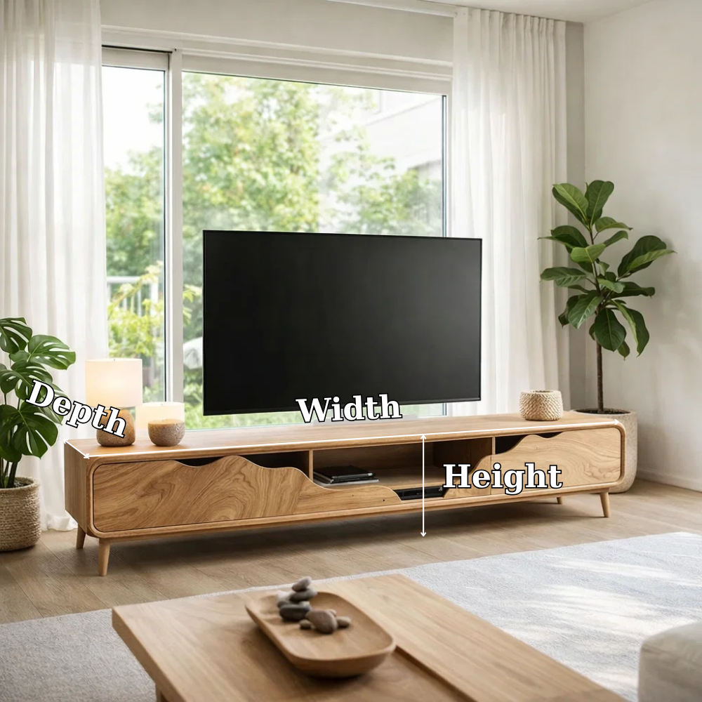 Solid Wood TV Console with Curved Design & Storage – Modern Media Unit
