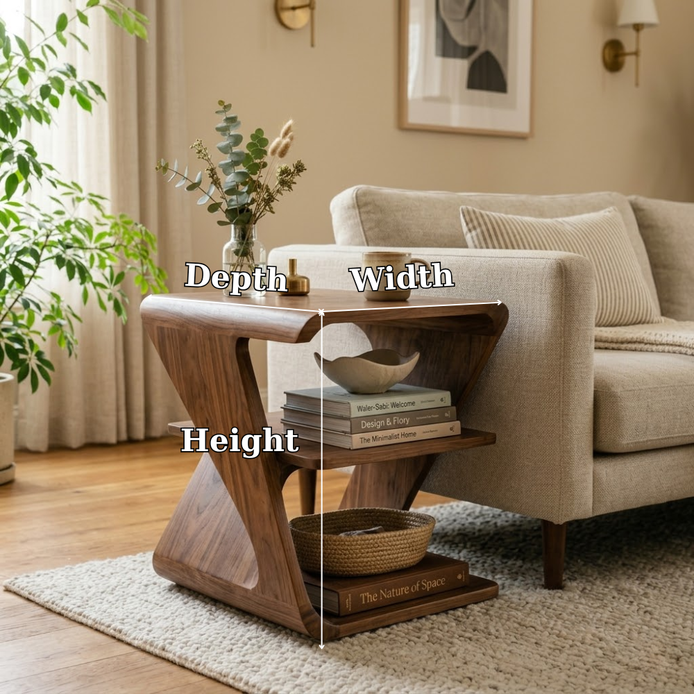 Modern Solid Wood End Table with Storage Shelves – Sculptural Side Table