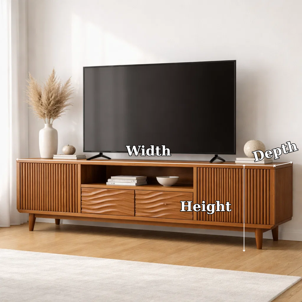 Modern Wood TV Cabinet with Slatted Doors & Wave Drawer – Media Console Storage