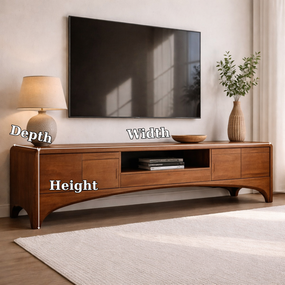Solid Wood TV Cabinet with Drawers and Open Shelf