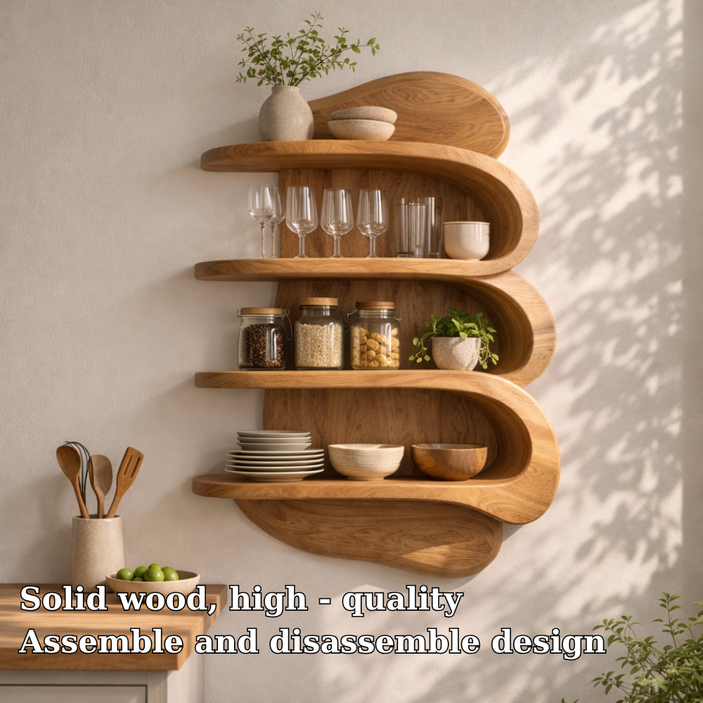 Curved Solid Wood Kitchen Cabinet Shelf – Floating Wall Storage with Organic Design