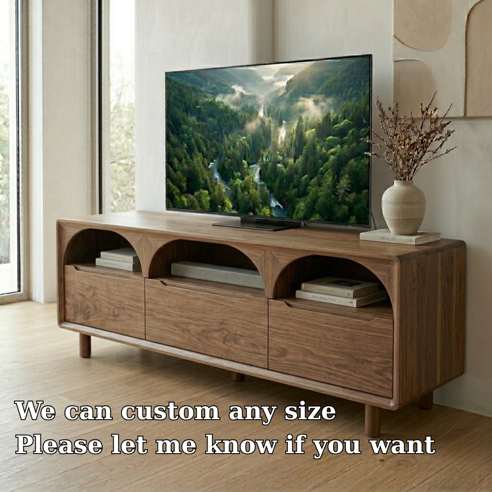 Solid Wood Media Console with Arched Shelves – Modern TV Stand Storage Unit