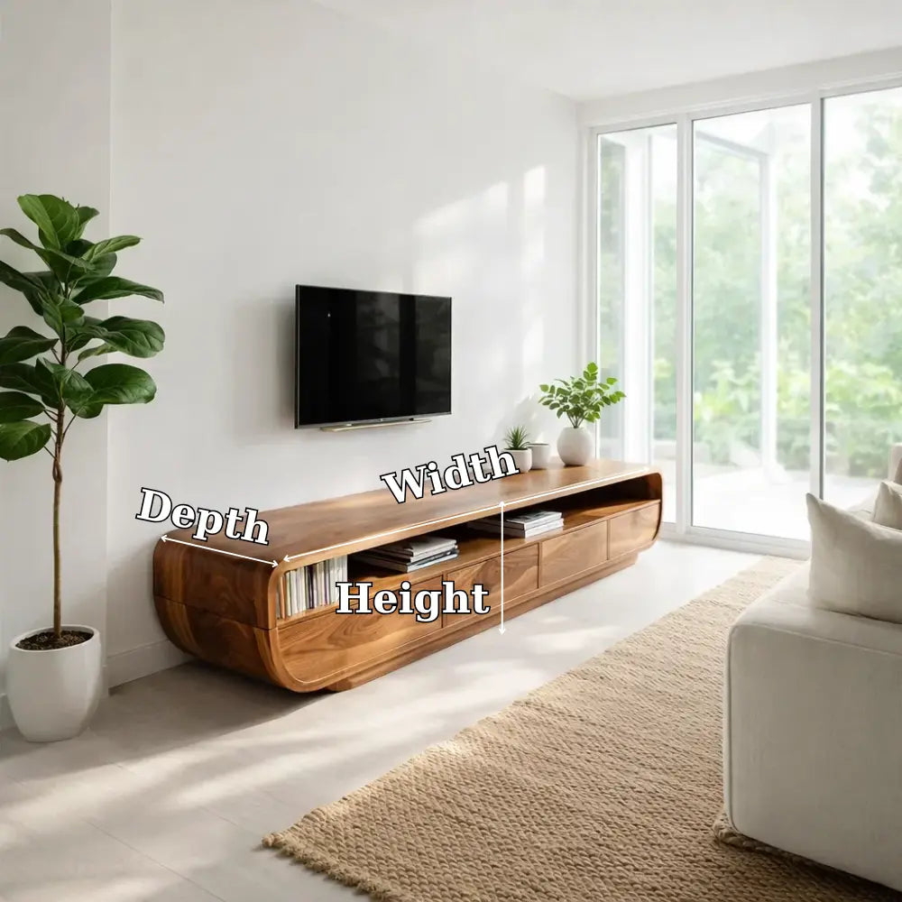 Solid Wood TV Cabinet Modern Curved Media Console with Storage Kitchnce