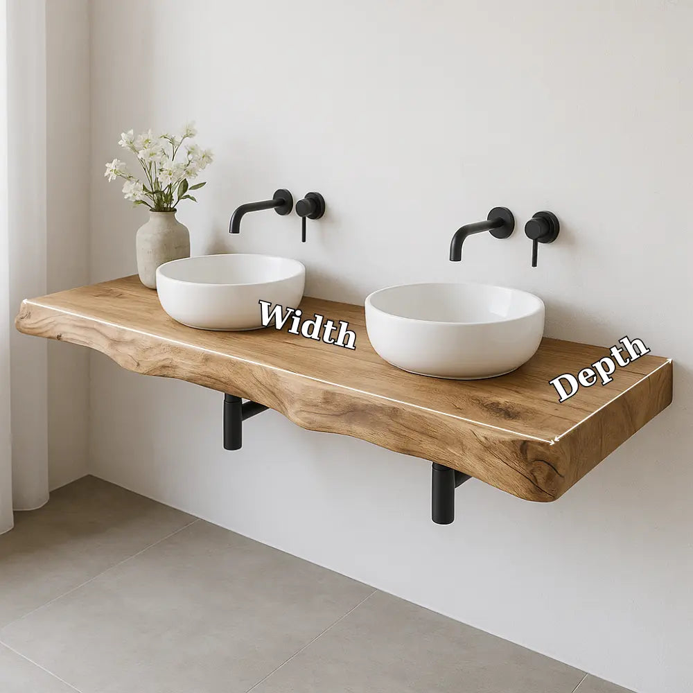 Double Sink Live Edge Vanity Shelf | Solid Wood Floating Bathroom Counter Kitchnce
