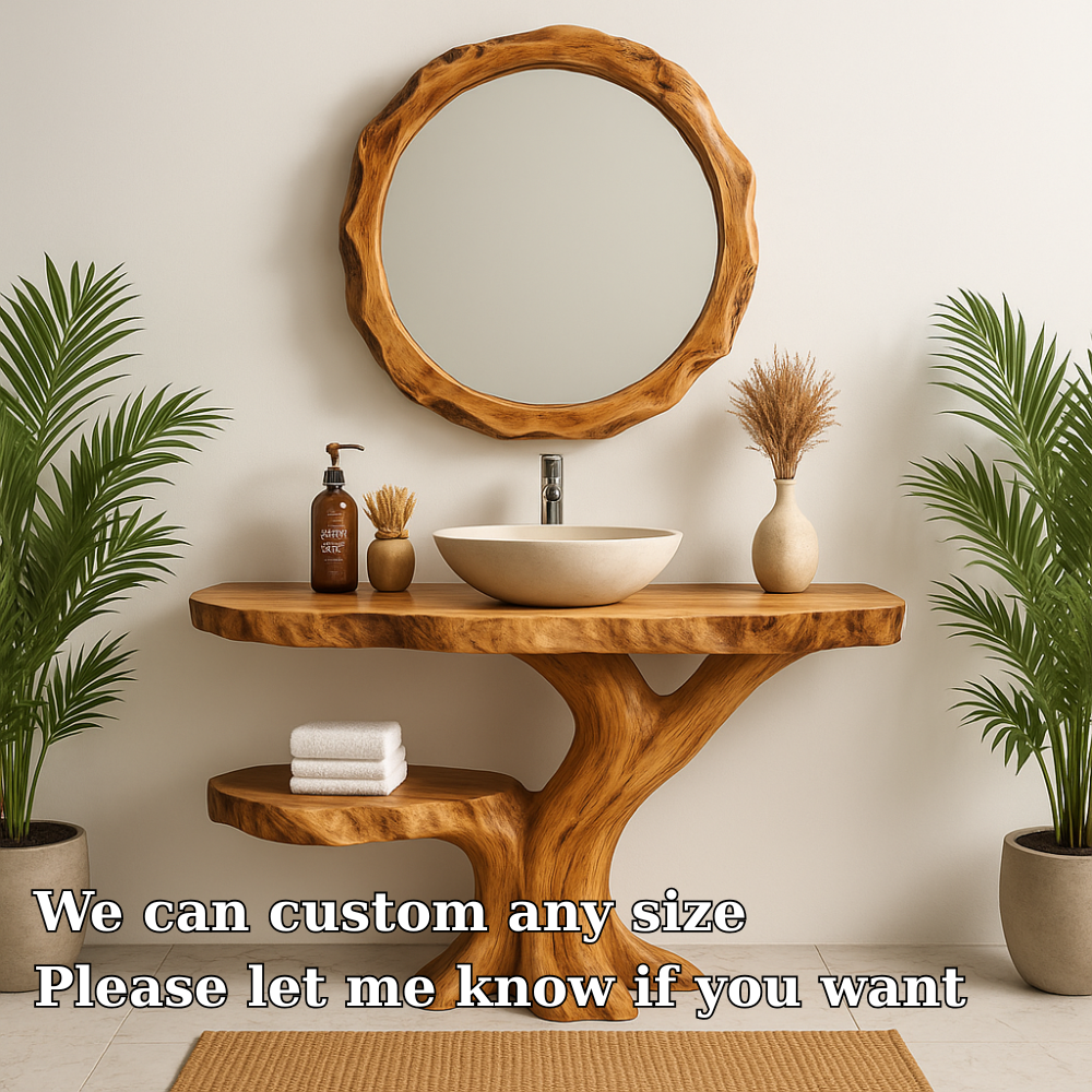 Handcrafted Solid Wood Bathroom Vanity – Organic Tree-Inspired Design with Round Mirror Kitchnce