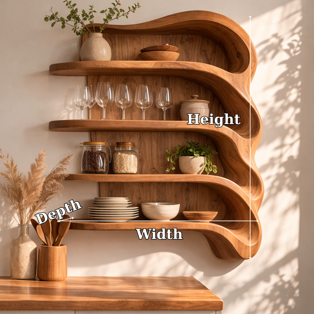 Solid Wood Curved Kitchen Cabinet Shelf – Organic Floating Wall Storage Rack