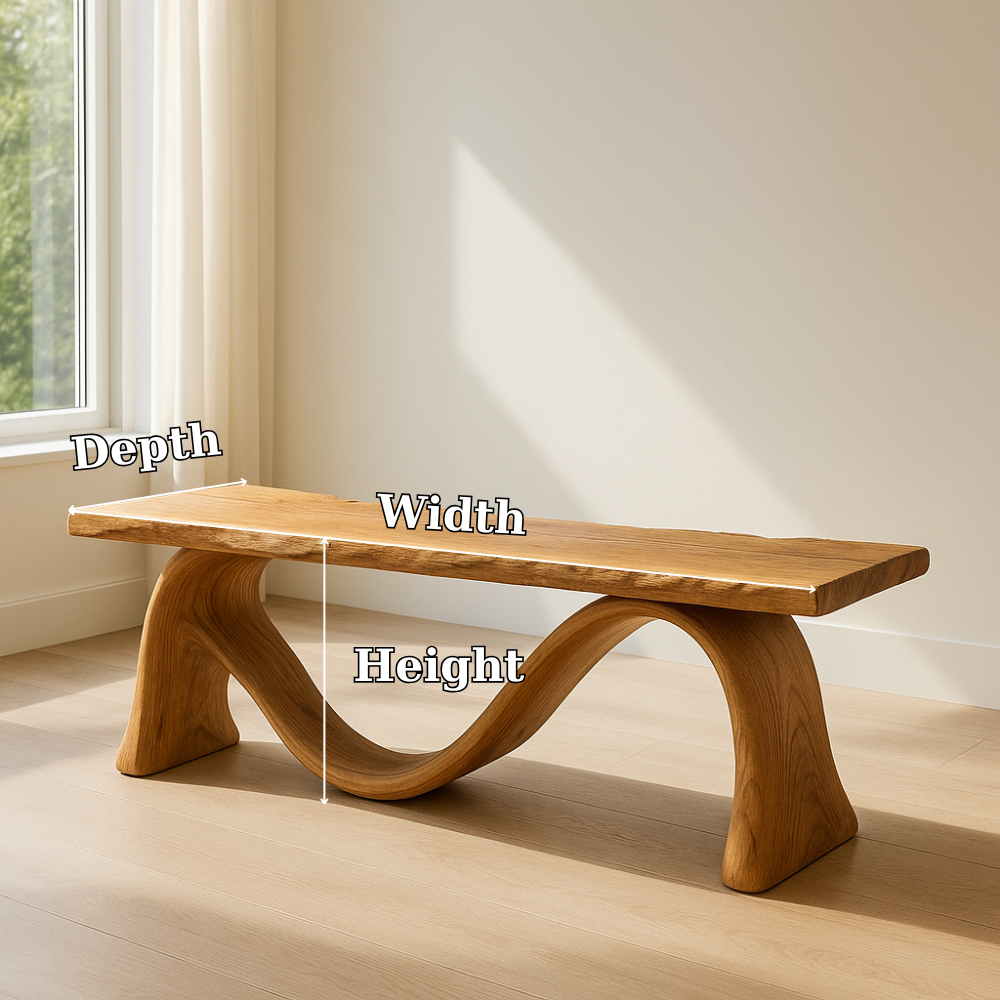 Solid Wood Bench with Sculptural Curved Base – Modern Entryway or Living Room Bench Kitchnce