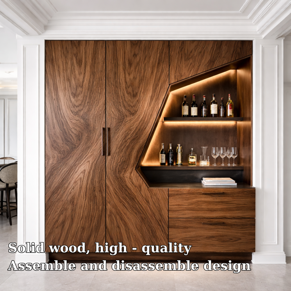 Modern Solid Wood Bar Cabinet with LED Shelf & Hidden Storage – Luxury Home Bar Unit