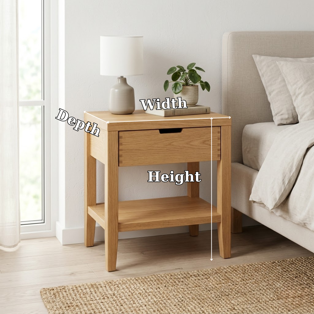 Solid Oak Nightstand with Drawer & Shelf – Modern Wooden Bedside Table