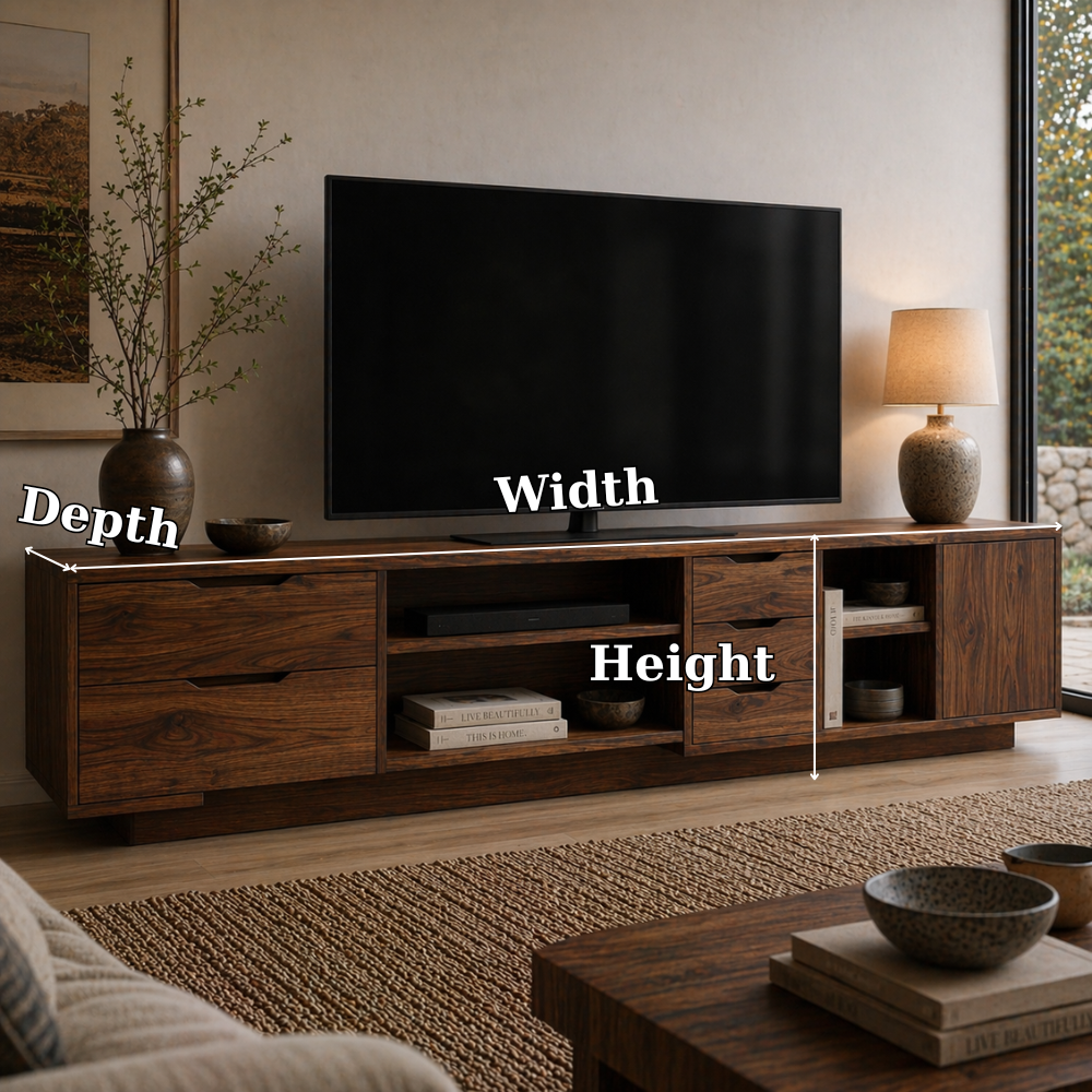 Solid Wood Media Console with Drawers, Modern TV Stand with Open Shelf Storage