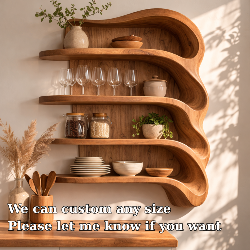 Solid Wood Curved Kitchen Cabinet Shelf – Organic Floating Wall Storage Rack