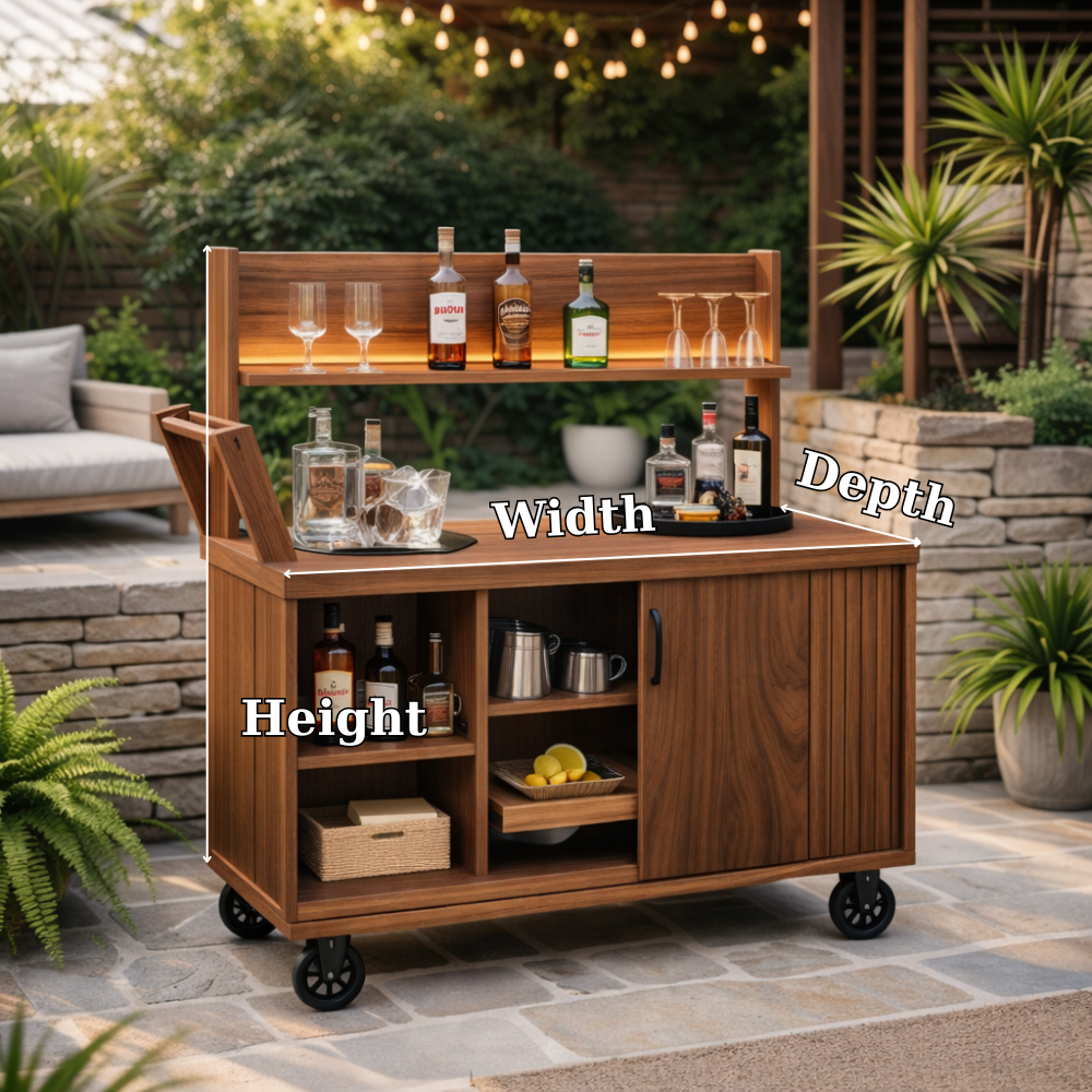Solid Wood Outdoor Bar Cabinet Cart with Wheels & Storage Shelf – Patio Drink Station