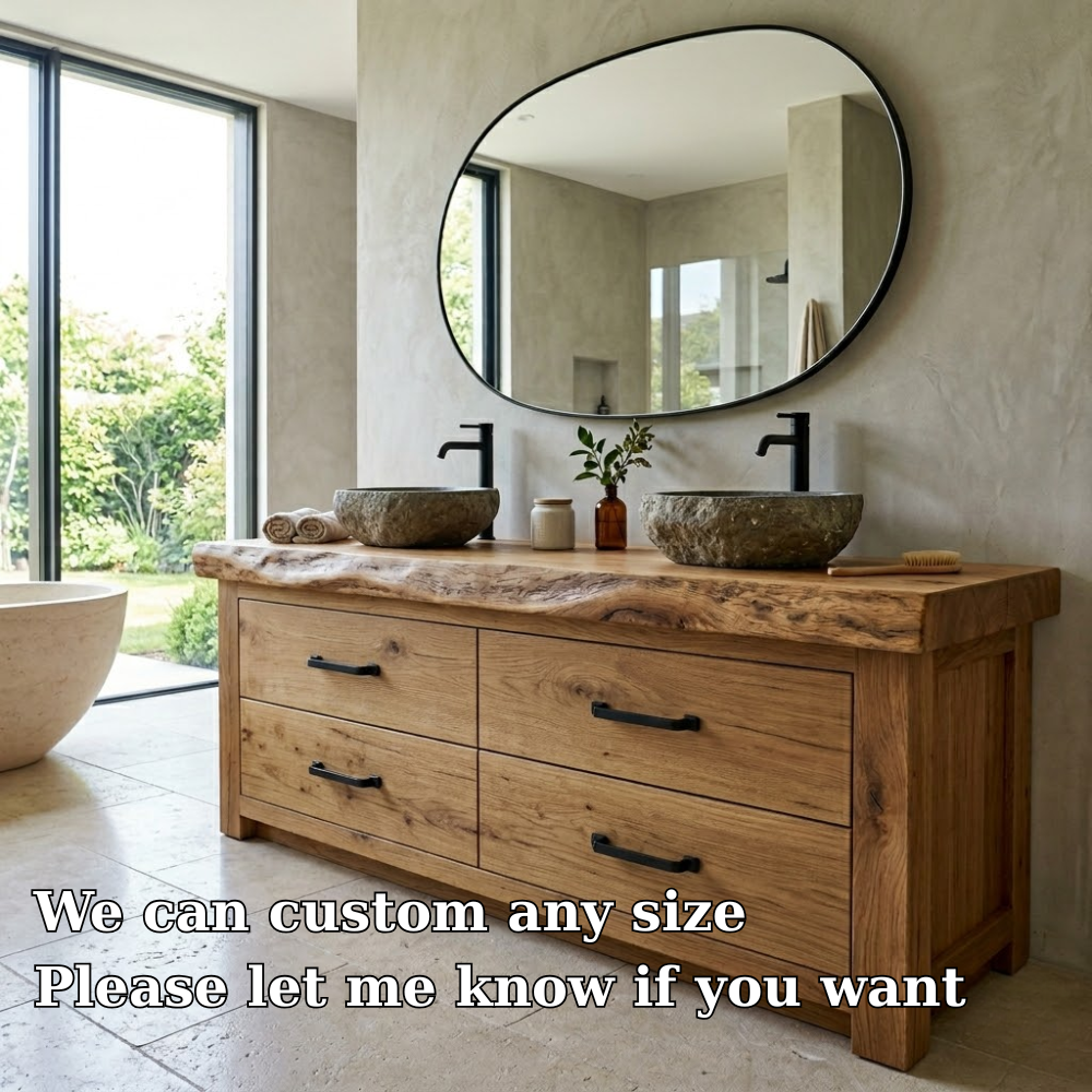 Rustic Solid Wood Bathroom Vanity Double Sink Base Live Edge Top Drawer Storage