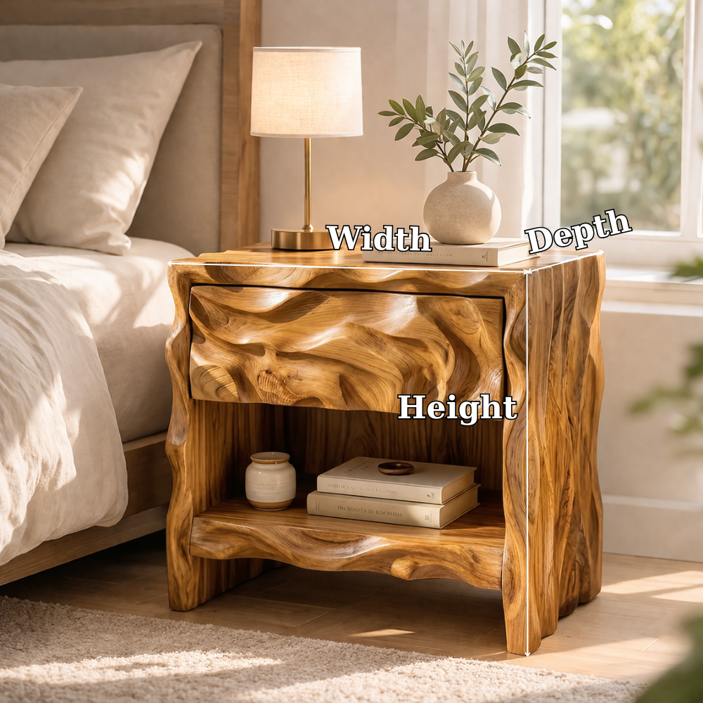 Solid Wood Nightstand with Sculptural Base – Modern Organic Bedside Table