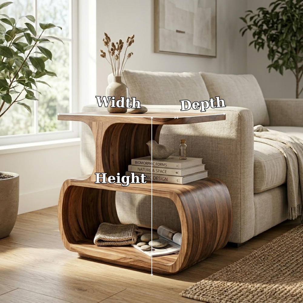 Solid Wood Sculptural End Table with Storage Shelves – Modern Curved Side Table