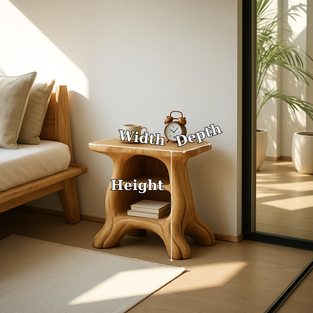 Handcrafted Solid Wood Nightstand – Organic Sculpted Bedside Table with Open Shelves Kitchnce