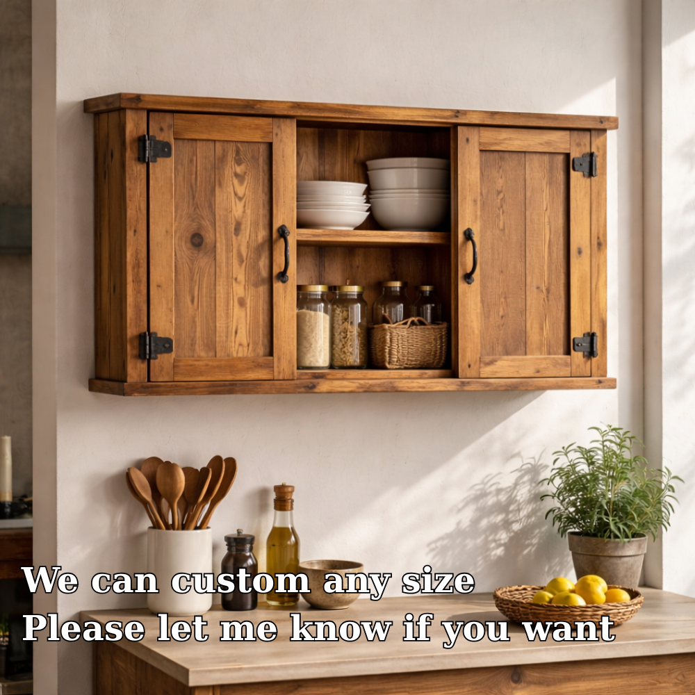 Rustic Wooden Kitchen Cabinet with Double Doors | Wall-Mounted Storage