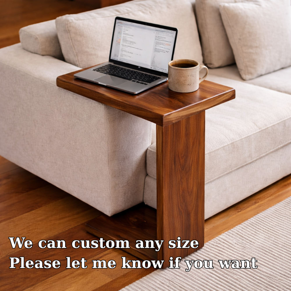 Solid Wood Sofa Armrest Table – C-Shaped Couch Arm Tray Laptop Side Table