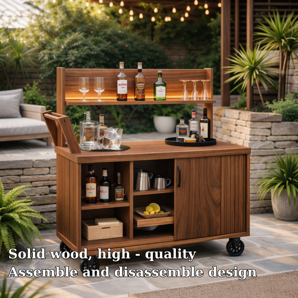 Solid Wood Outdoor Bar Cabinet Cart with Wheels & Storage Shelf – Patio Drink Station