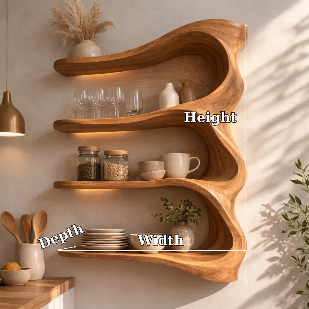 Solid Wood Wall Mounted Kitchen Cabinet Shelf – Curved Organic Wooden Storage Display Kitchnce