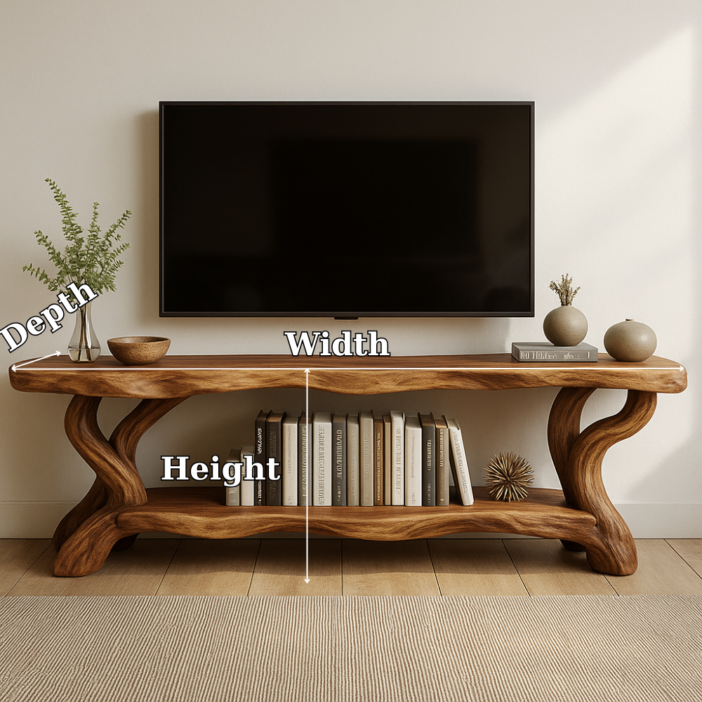 Handcrafted Solid Wood TV Stand – Organic Live Edge Design with Sculptural Shelf Base Kitchnce