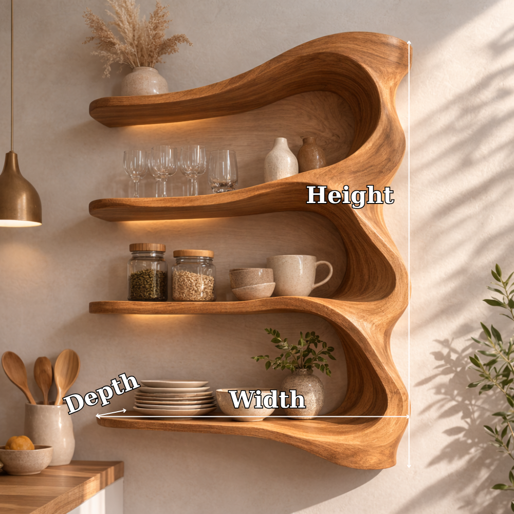 Solid Wood Wall Mounted Kitchen Cabinet Shelf – Curved Organic Wooden Storage Display