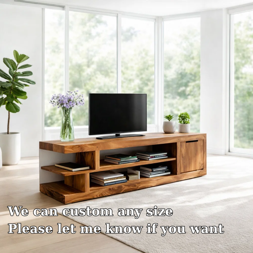 Solid Wood Media Console with Open Shelves & Cabinet, Modern TV Stand