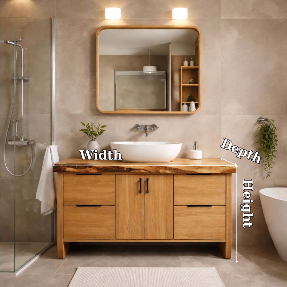 Solid Wood Bathroom Vanity Cabinet with Live Edge Top & Modern Sink Design