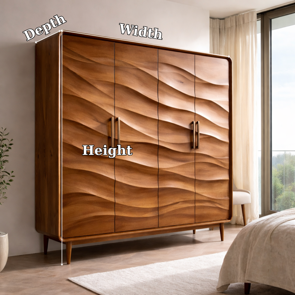 Wave-Design Solid Wood Wardrobe with Modern Storage – Elegant Bedroom Furniture
