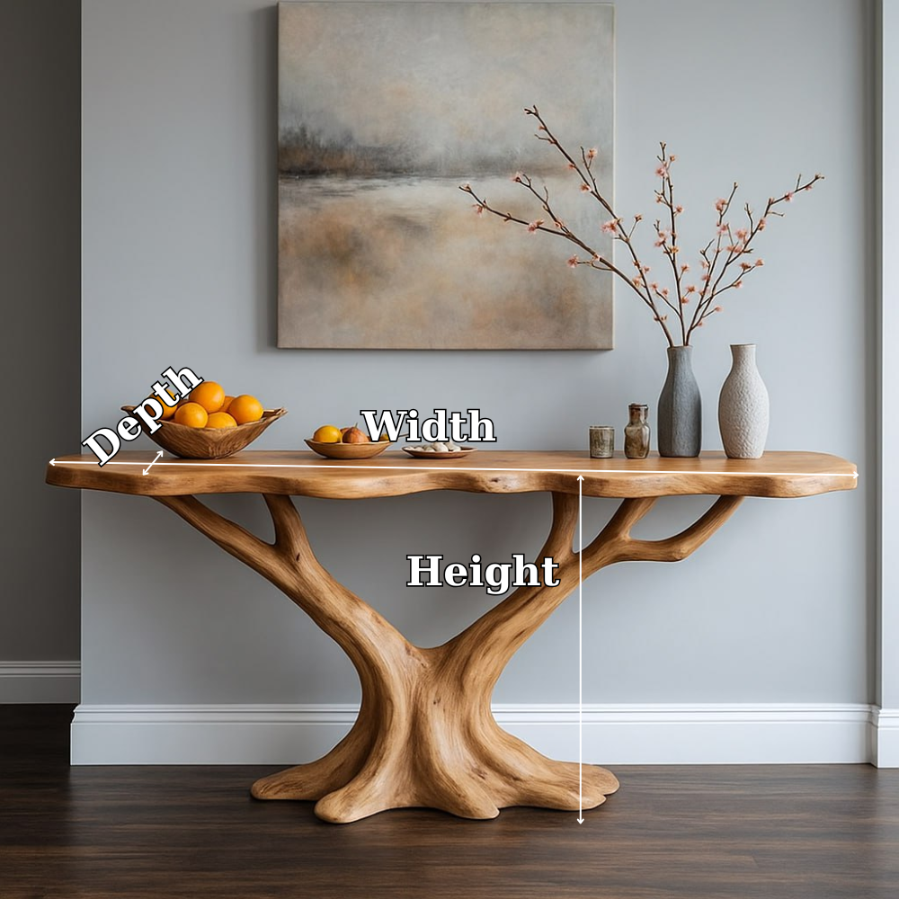 Handcrafted Solid Wood Console Table with Tree Branch Base – Modern Organic Entryway Design Kitchnce
