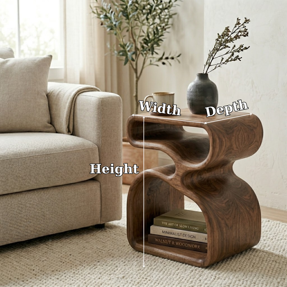 Organic Solid Wood End Table with Sculptural Curves and Storage Shelf