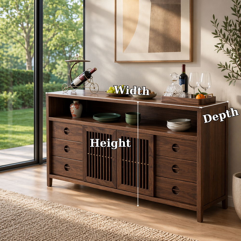 Solid Wood Console Sideboard with Slatted Doors – Modern Walnut Storage Cabinet