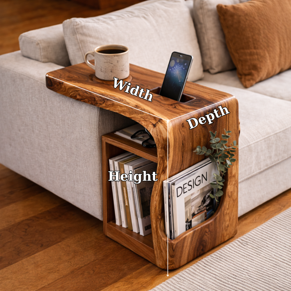 Solid Wood Sofa Armrest Table with Phone Holder – Couch Arm Tray with Storage Kitchnce