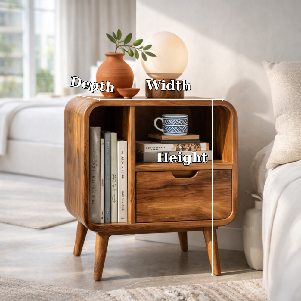 Mid Century Solid Wood Nightstand with Drawer & Shelf – Modern Bedside Table