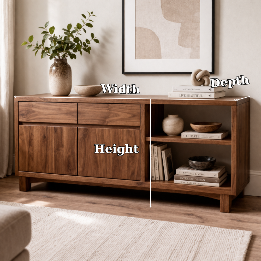 Solid Wood Console Cabinet with Drawers and Open Shelves