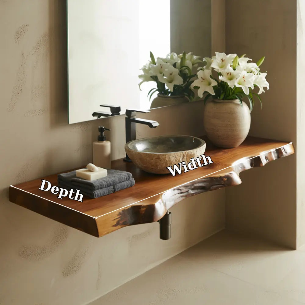 Live Edge Floating Vanity Shelf | Solid Wood Wall-Mounted Bathroom Counter Kitchnce
