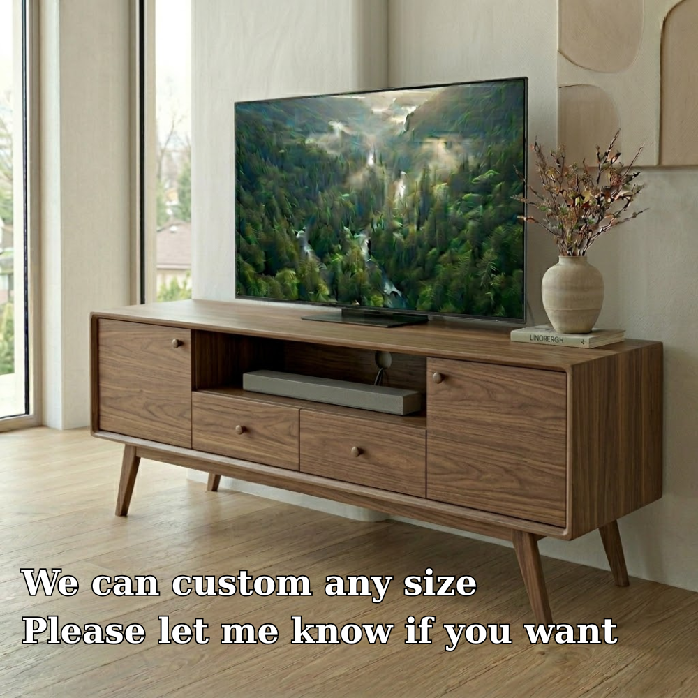 Mid Century Solid Wood Media Console – Modern TV Stand with Drawers & Storage
