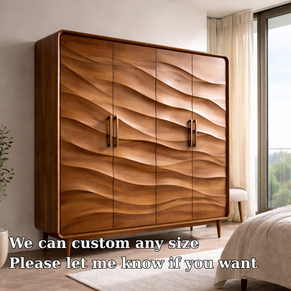 Wave-Design Solid Wood Wardrobe with Modern Storage – Elegant Bedroom Furniture