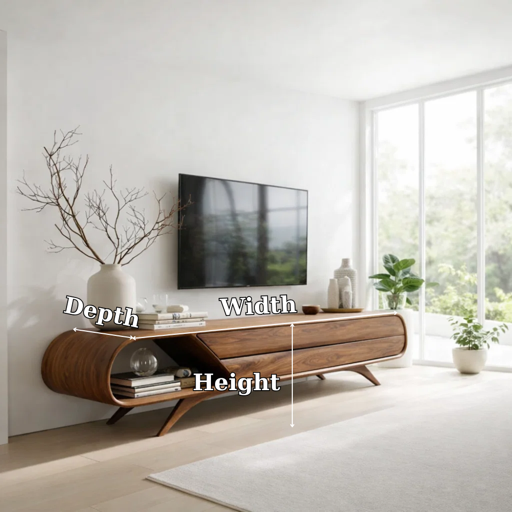 Solid Wood Media Console with Curved Design & Drawer Storage, Modern TV Stand