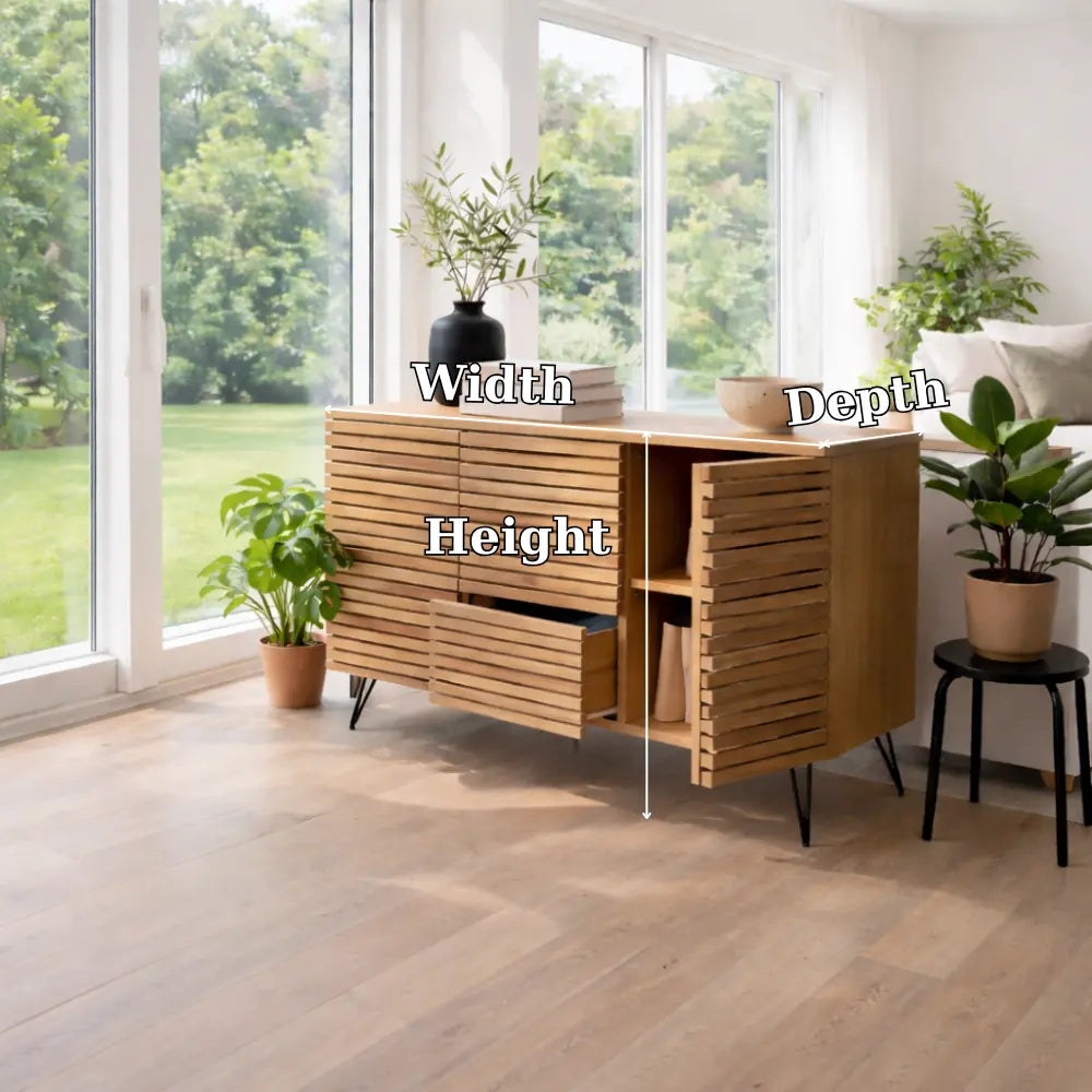 Modern Solid Wood Slatted Console Table with Storage Cabinet & Drawers Kitchnce