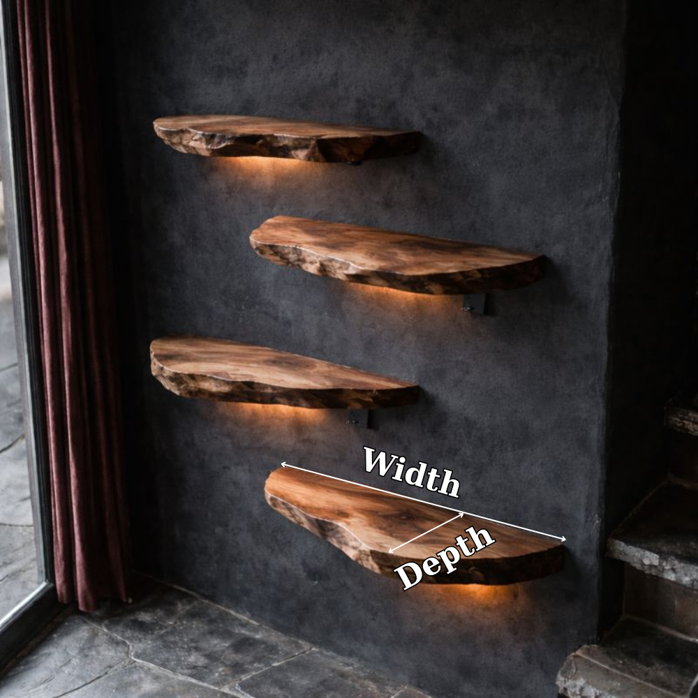 Live Edge Rustic Floating Wood Shelf - Handmade Solid Wood Wall Decor