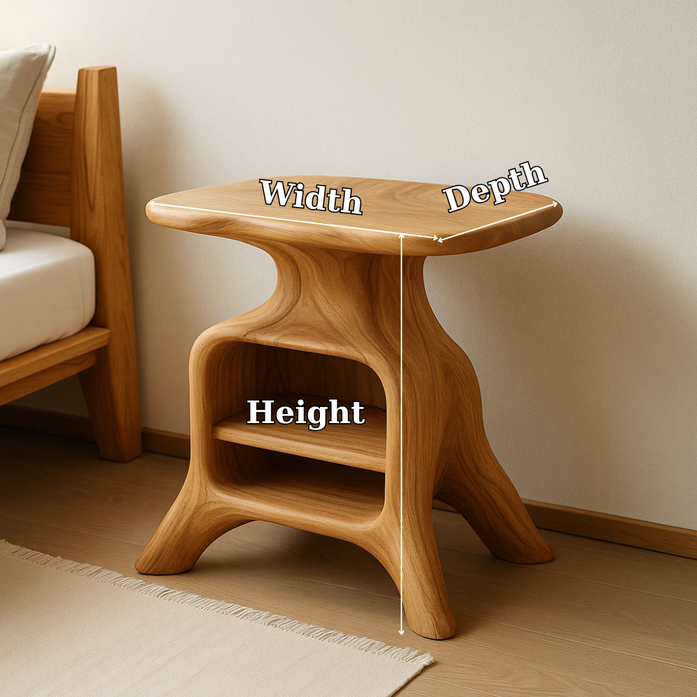 Handcrafted Solid Wood Nightstand – Sculpted Organic Bedside Table with Open Shelf Kitchnce