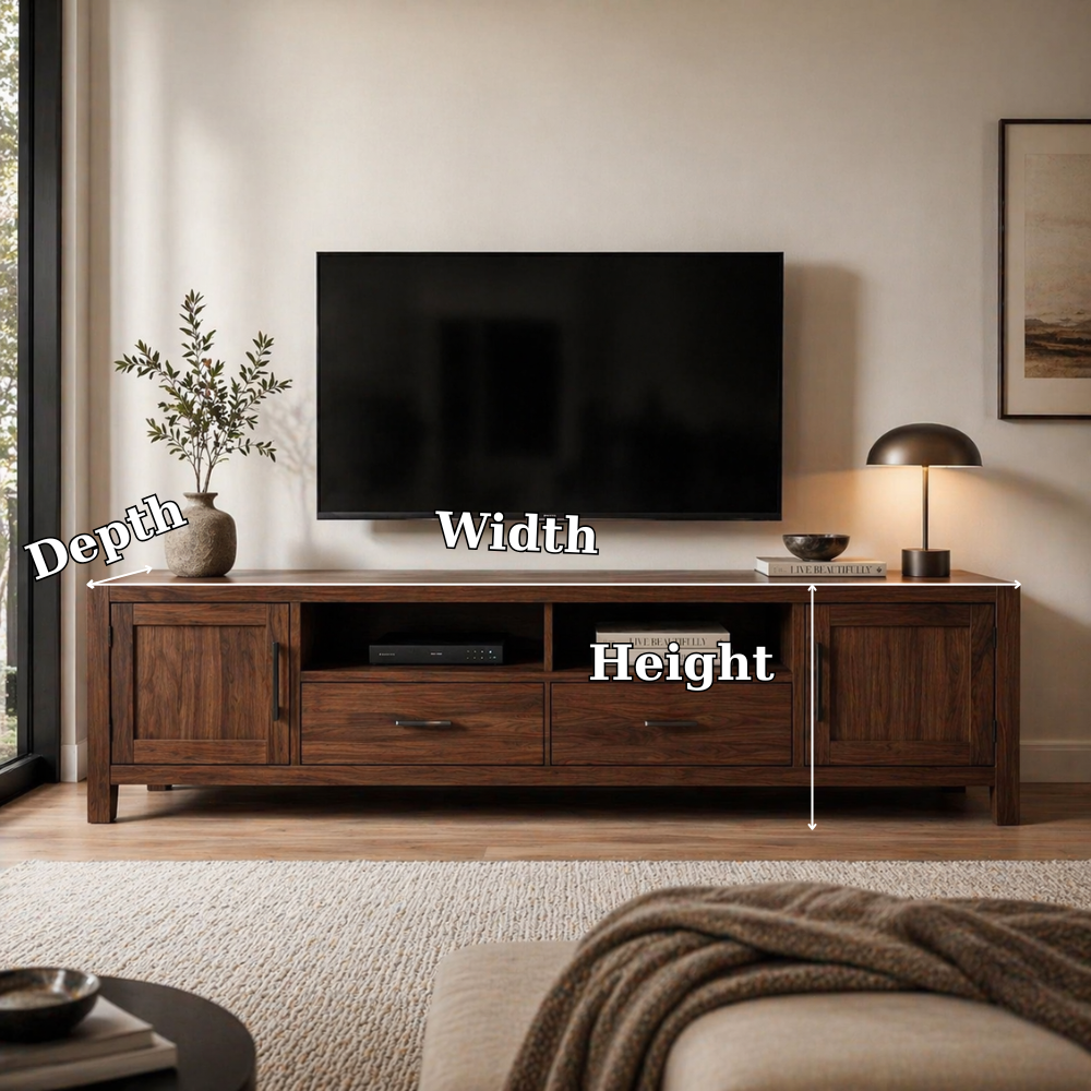 Solid Wood Media Console with Drawers, Modern TV Stand with Cabinets and Storage