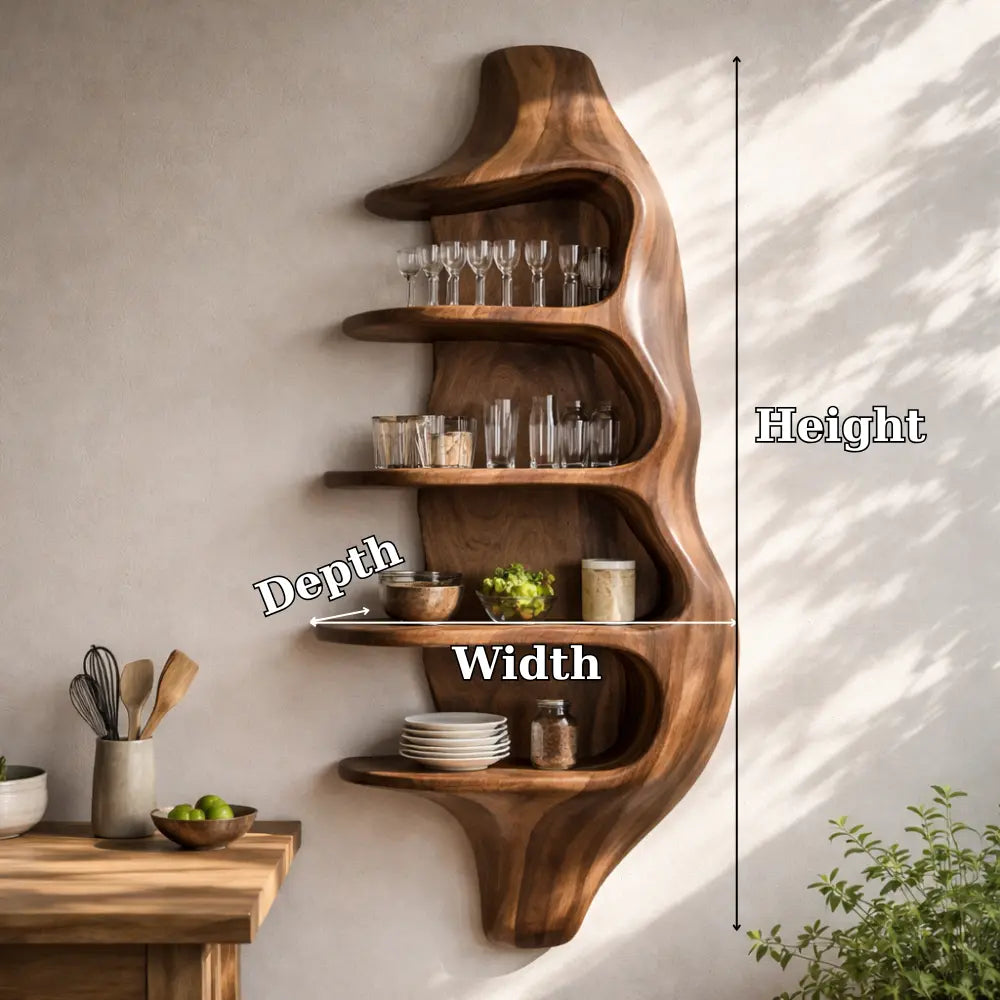 Solid Walnut Wall Mounted Kitchen Cabinet Shelf – Organic Curved Wooden Storage Display Kitchnce