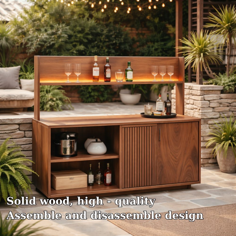 Solid Wood Outdoor Bar Cabinet with Shelf & Storage – Modern Patio Drink Station
